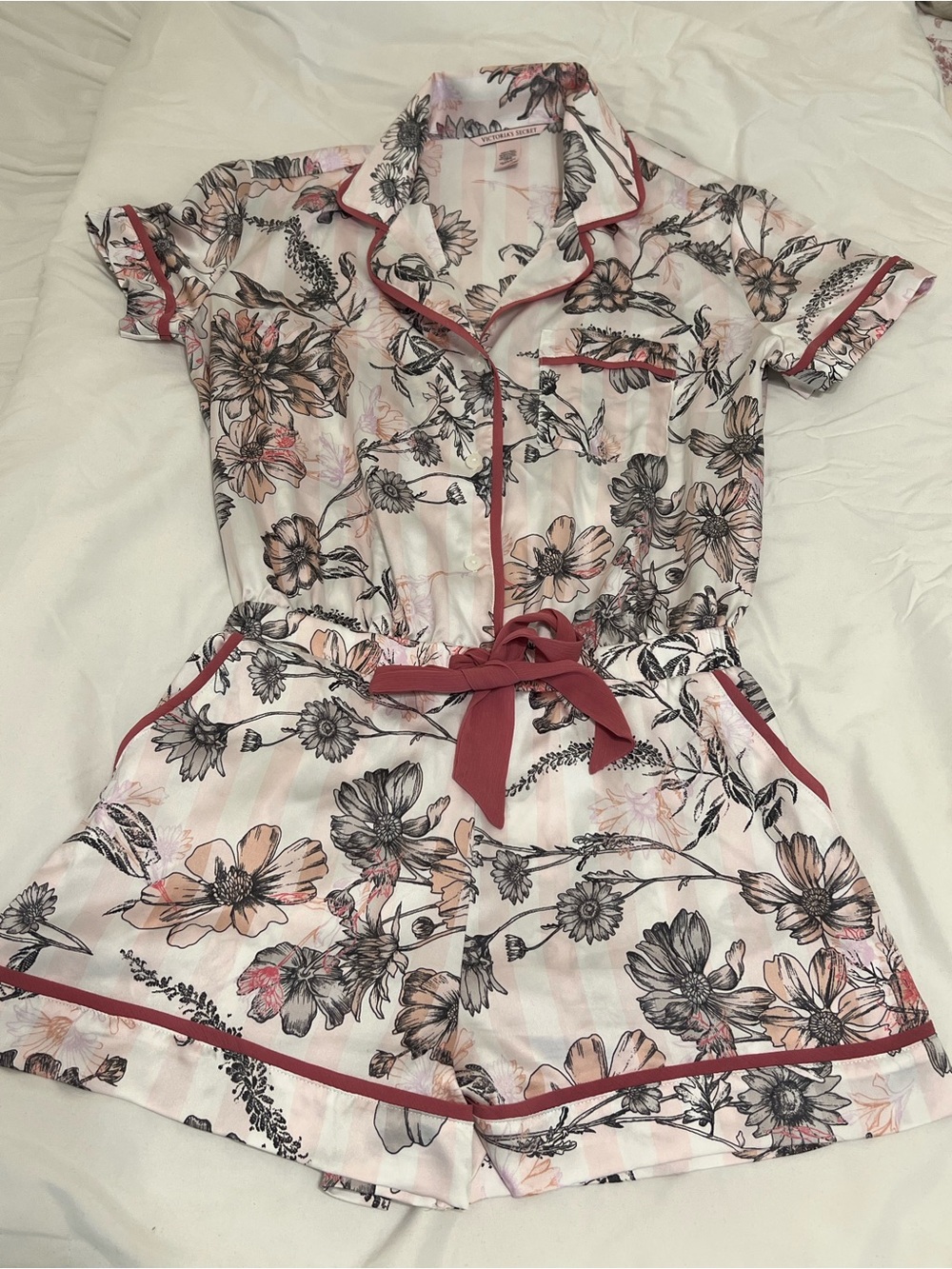 Victoria's Secret Pink Floral Satin Short-Sleeve Romper with Rose Trim